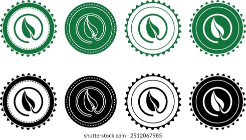 Leaf Ecology icon set. Ecology Stamps. Environment, sustainability, nature, recycle, renewable energy; electric bike, eco-friendly, forest, wind power, green symbol. Solid icons vector collection.