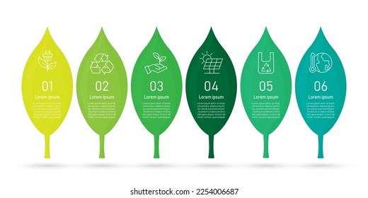 infografía de la ecología de la hoja seis elementos icono en el fondo. salvar el medio ambiente y la energía del ecosistema. día de la naturaleza terrestre. ilustración vectorial. celda solar y energía eólica. signo de reciclado y energía renovable.