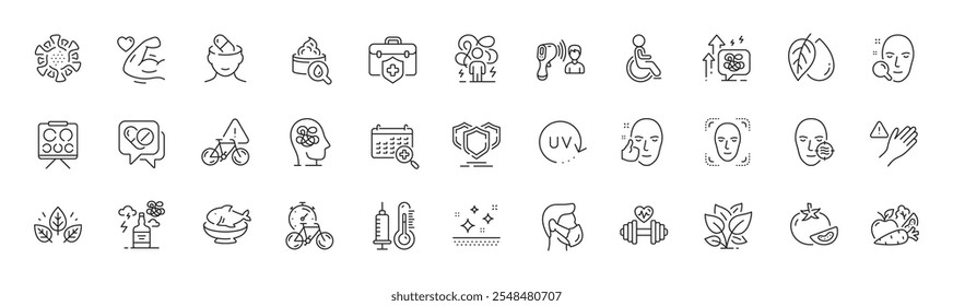 Leaf, Electronic thermometer and Medical calendar line icons. Pack of Vegetables, Disability, Organic tested icon. Face search, Dont touch, Medical insurance pictogram. Anxiety, Seafood. Vector