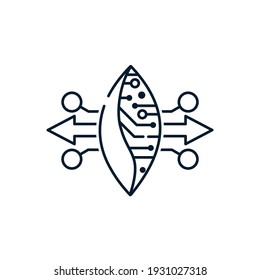 Leaf, electronics, circles, arrows. The concept of the introduction of synthetic technologies, biology. Vector icon isolated on white background.