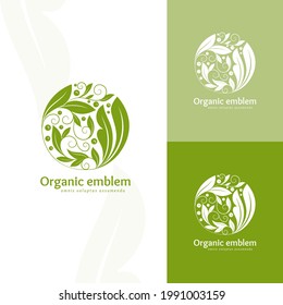 Emblema de hoja con adorno verde en forma de círculo. Se puede usar para la joyería, la belleza y la industria de la moda. Ideal para logotipo, monograma, invitación, volante, menú, fondo o cualquier idea deseada.