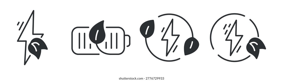 Leaf energy bolt and battery icons indicating eco power circle. Editable stroke