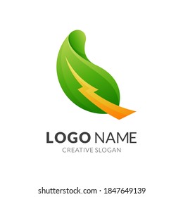 leaf energy logo. leaf and thunder, combination logo with 3d green and yellow color style