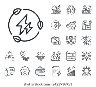 Leaf Energy Power Schild. Symbole für die Bereiche Energie, CO2-Abgase und Solarpaneele. Symbol für grüne Stromleitungen Blitzschlagsymbol. Schild für grüne Stromleitungen Eco-Elektro- oder Windenergie-Symbol. Vektorgrafik