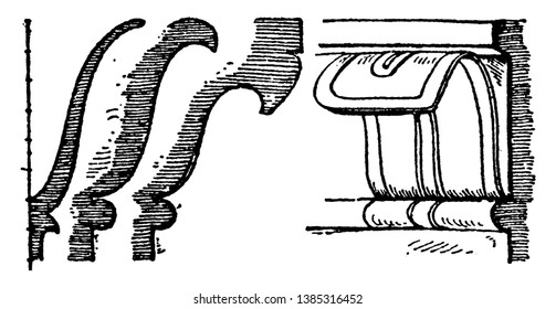 Leaf Enrichment Moulding is  growing upwards, indented like a battlement, neck of the capitals, vintage line drawing or engraving illustration.