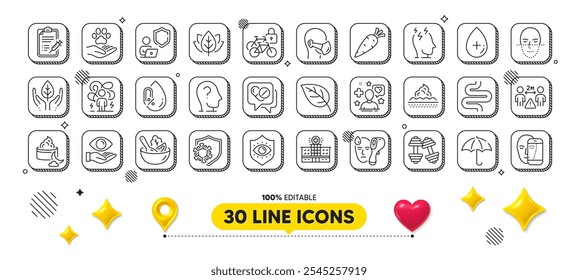 Leaf, Face biometrics and Fair trade line icons pack. 3d design elements. Patient, Carrot, Dumbbells web icon. No alcohol, Intestine, Hospital building pictogram. Vector