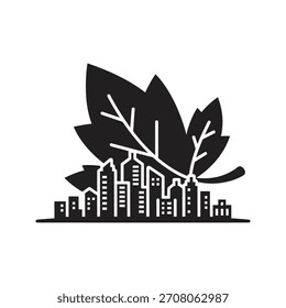 Hoja con el concepto de diseño del icono de la construcción de la fábrica que representa el impacto ambiental de la industria verde