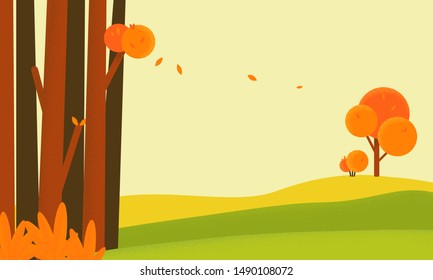 Leaf fall in autumn forest near hills with noise texture