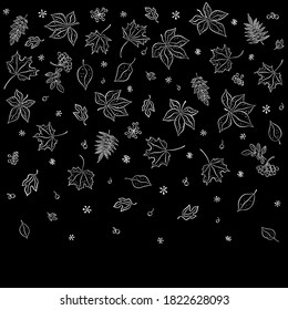 Leaf fall. Autumn leaves are drawn with chalk on a black board. Border from sketches drawn in style. Seamless pattern for textiles, wallpapers, gift wrapping and scrapbook. Vector illustration.