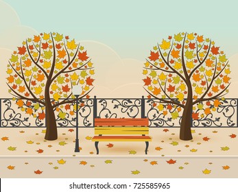 Leaf fall in autumn park. Bench under trees with yellow leaves Vector illustration.