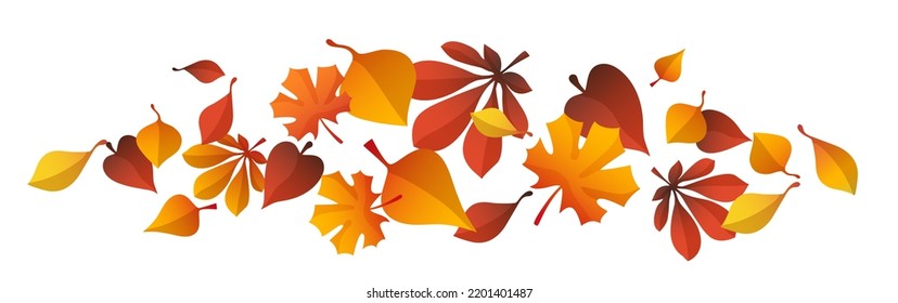 Leaf fall. Vector autumn leaves flying in the wind. Horizontal line of red and yellow leaves, vector clipart isolated on white background.