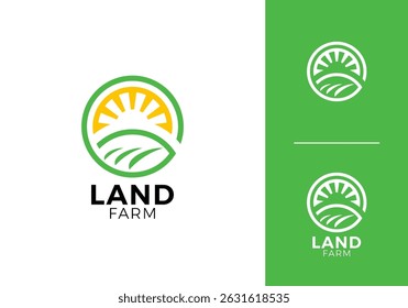 fazenda folha com logotipo do sol. agricultura criativa símbolo vetor design	
