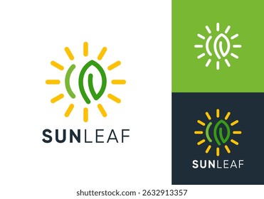 fazenda folha com logotipo do sol. agricultura criativa símbolo vetor design	