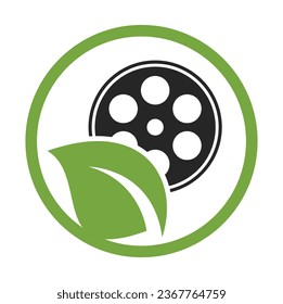 Icono de diseño del logotipo del vector del rollo de película de hoja. Ilustración de combinación de película y logotipo de hoja.