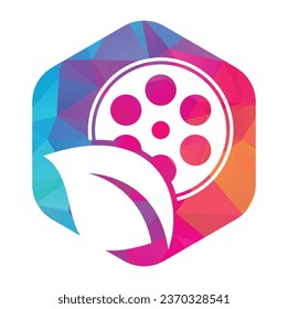 Icono de diseño del logotipo del vector del rollo de película de hoja. Ilustración de combinación de película y logotipo de hoja.