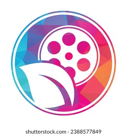 Icono de diseño del logotipo del vector del rollo de película de hoja. Ilustración de combinación de película y logotipo de hoja.