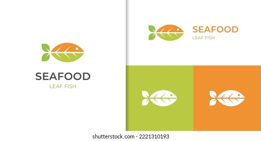 diseño de icono del logotipo del pez hoja, símbolo del logotipo de la naturaleza del pescado verde para elementos alimentarios sanos, pescado fresco, plantilla del logotipo del marisco