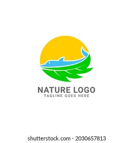 leaf, fish and sun natural vector logo design for nature care or ecotourism travel agency