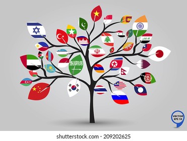 Leaf flags of Asia in tree design. Vector illustration.