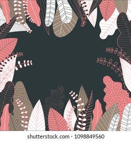 Leaf and floral frame. Hand drawn tropical pattern background. Vector illustration.
