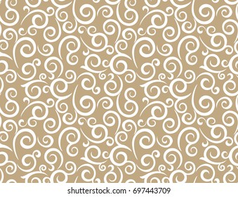 Leaf, floral pattern from curls. Beige and white ornament. Seamless vector background.