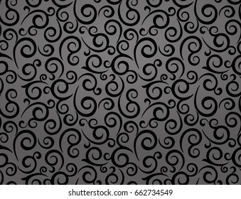 Leaf, floral pattern from curls. Black ornament. Seamless vector background.
