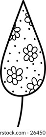 A leaf with floral patterns and polka dots in a bold line art style. The design features flowers and dots on a teardrop-shaped leaf. Cartoon vector illustration.