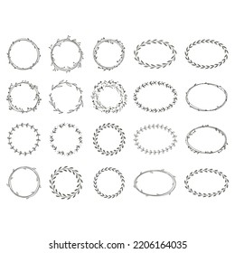 Leaf floral wreath set. Circle and ellipse frame template with leaves and branches.