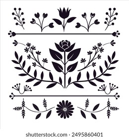 Leaf Flourishes Silhouette, Floral Dividers, Plant Line, Borders, Flower Vector Art 