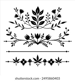 Leaf Flourishes Silhouette, Floral Dividers, Plant Line, Borders, Flower Vector Art 