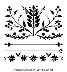 Leaf Flourishes Silhouette, Floral Dividers, Plant Line, Borders, Flower Vector Art 