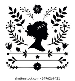 Leaf Flourishes Silhouette, Floral Dividers, Plant Line, Borders, Flower Vector Art