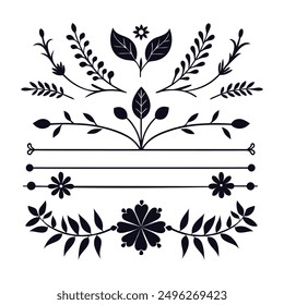 Leaf Flourishes Silhouette, Floral Dividers, Plant Line, Borders, Flower Vector Art