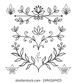 Leaf Flourishes Silhouette, Floral Dividers, Plant Line, Borders, Flower Vector Art