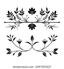 Leaf Flourishes Silhouette, Floral Dividers, Plant Line, Borders, Flower Vector Art