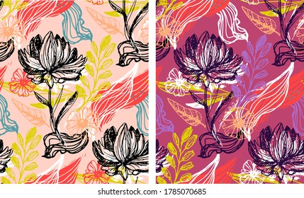  Leaf and flower art for pattern, background, fabric, t-shirt design. Abstract hand drawn floral template set.