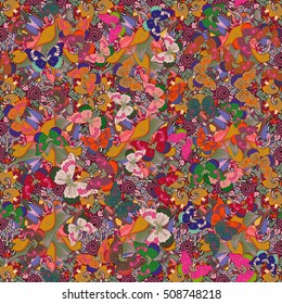 Leaf, flower and butterfly summer pattern background. Vector.