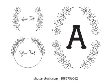 Leaf flower foliage wreath laurel vector frame border monogram in black white outline style