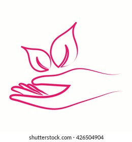 leaf flower in the hand body care pink icon thin line