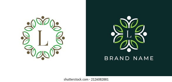Flor de hoja y símbolo del logotipo humano con la letra L. Plantilla de logotipo del vector