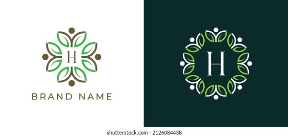 Leaf Flower and human Logo icon symbol with Letter H. Vector logo template
