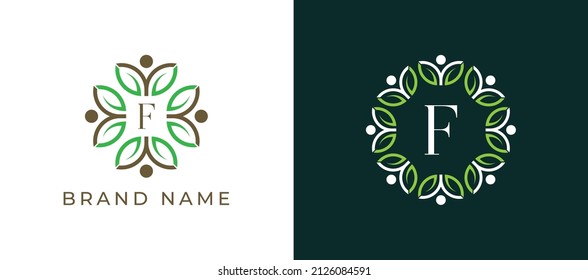 Flor de hoja y símbolo del logotipo humano con letra F. Plantilla de logotipo del vector