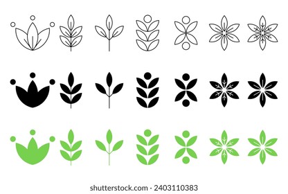 Leaf and Flower Line Icon Set, Flat, Lines, Vector