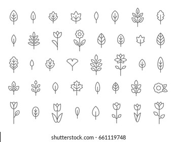 Leaf and Flower Line Icon Set, Flat, Lines, Vector