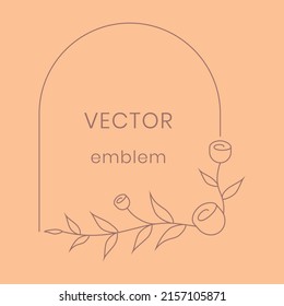 Leaf and flower monogram. Hand drawn ornamental modern floral emblem. Elegant logo or label, spa and beauty salon, boutique minimal logotype, plant in arch frame, vector illustration