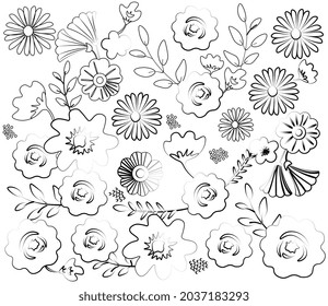 Leaf and flower pattern. Black and white images for websites. Picture for print on fabric. Stylish wallpaper for smartphone and computer. Flat vector illustration isolated on white background