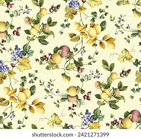 leaf, flower, pattern, fruit, textile, design, floral, seamless, wallpaper, print, graphic, botanical, nature, green, 