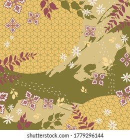 Leaf and flower scarf pattern with yellow color background. Hijab design