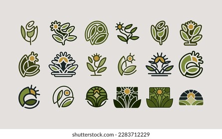 Leaf Flower Tree monoline Logo Set. Universal creative premium symbol. Vector sign icon logo template. Vector illustration