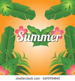 leaf and flower tropical background with jungle plants. Exotic pattern with tropical leaves. Vector illustration